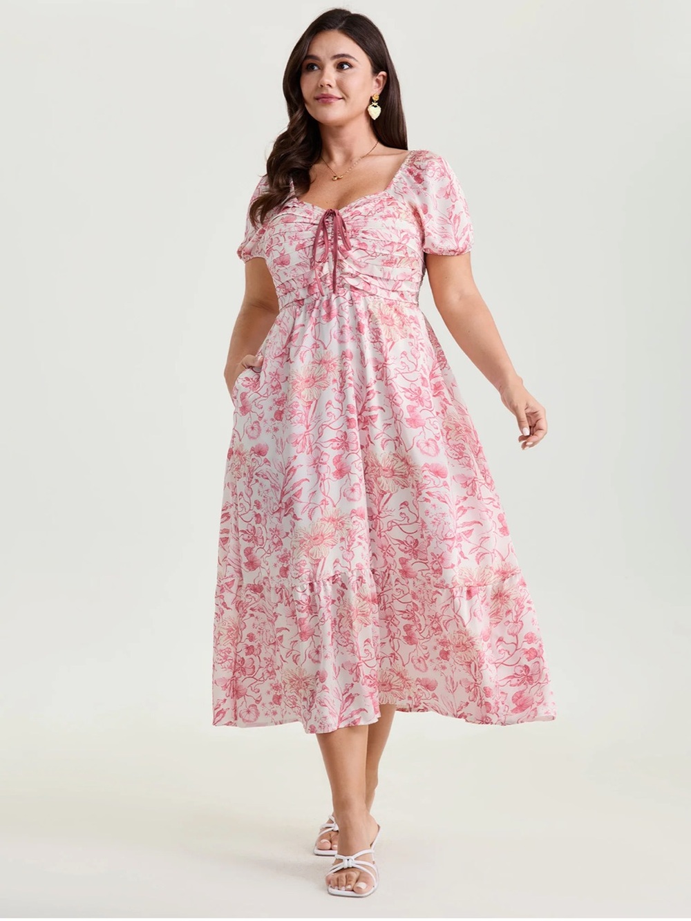 NWT BloomChic Romantic Floral Ruched Bodice Stretchy Waist Midi Dress Watermelon